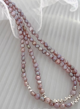 S925纯银天然紫色珍珠碎银项链