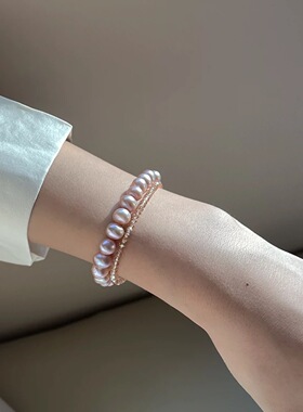 天然紫粉色淡水珍珠手链女