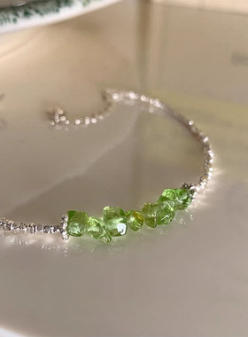 S925纯银橄榄绿晶石碎银子手链