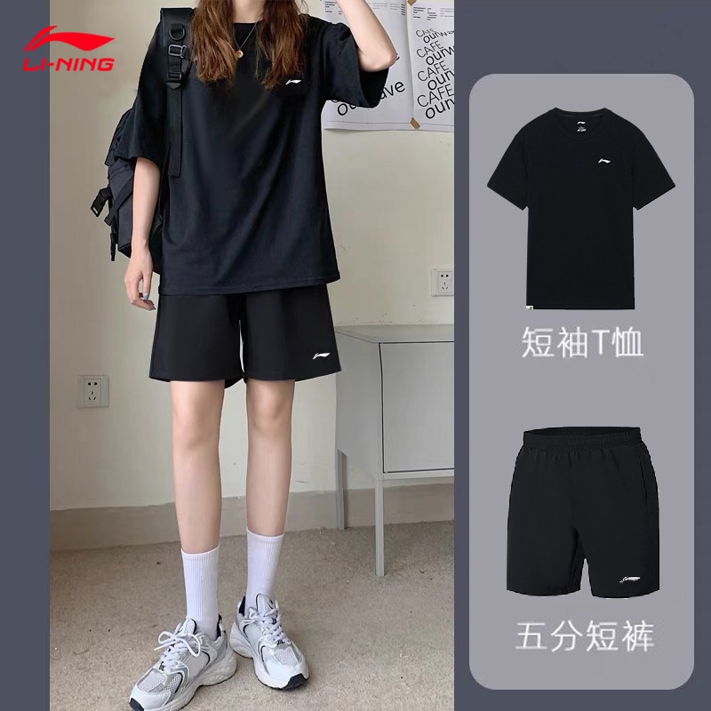 李宁速干衣女套装短袖短裤两件套夏季羽毛球服瑜伽健身跑步运动装