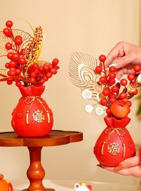 新年发财果装饰摆件2026马年创意插花布置年宵花福桶客厅桌面摆设