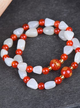 新疆和田玉白玉珠子平安吉祥手链红玛瑙玉石佛珠圆珠手串情侣首饰