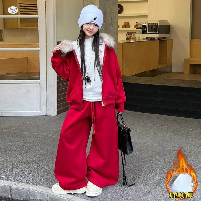 女童225年冬季新款大毛领连帽卫衣卫裤拜装年服套女0大童新春喜气,淘宝优惠券,粉丝福利购,淘宝优惠卷