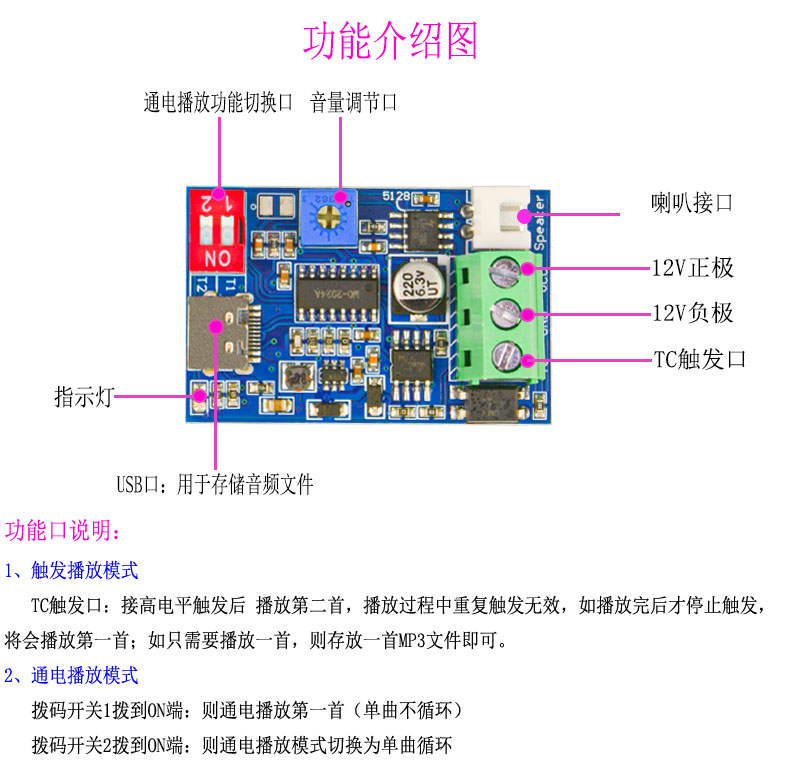 单路触发播放模块MP3背景音乐通电播放高低电平感应器播放MOT-12V - 图1