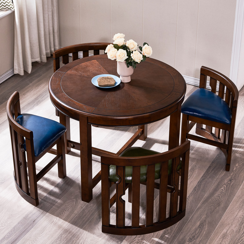 美式餐桌椅组合家用小户型多功能实木圆桌一桌四椅复古洽谈阳台桌-图1