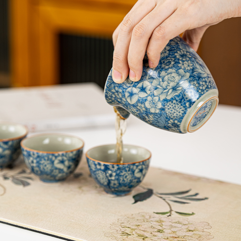 旅行茶具套装青花陶瓷快客杯功夫茶具便携包泡茶一壶三杯喝茶户外