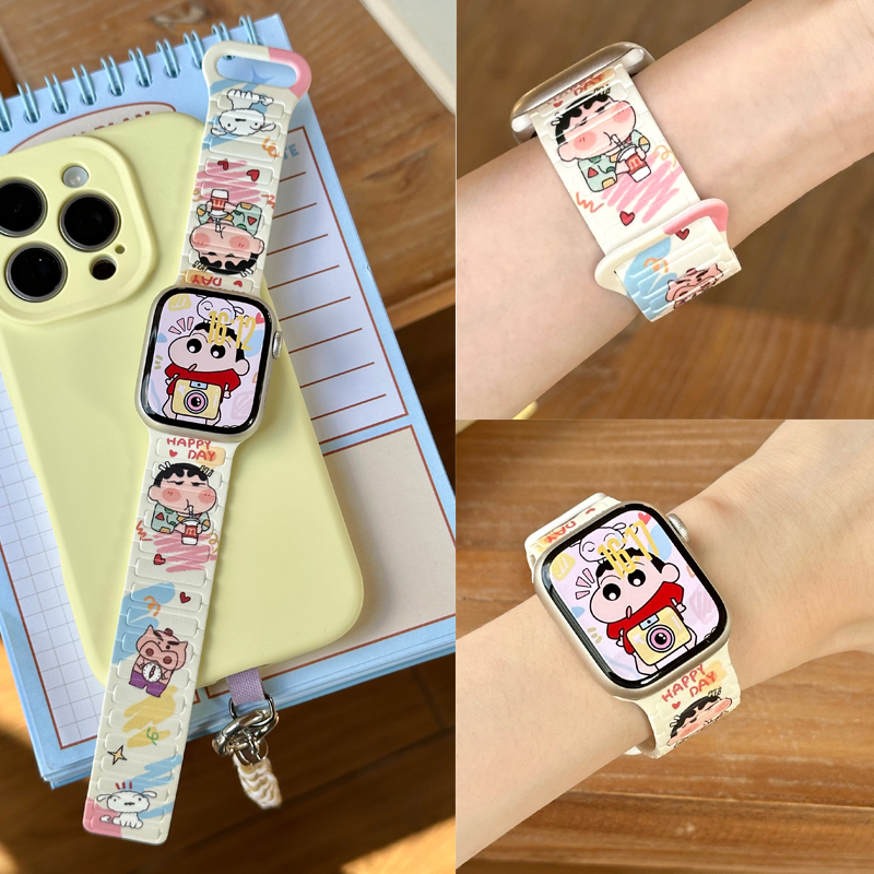 适用苹果10表带蜡笔小新s11卡通手表可爱iwatchs8/7智能手表带新款回环9磁吸腕带女款applewatch硅胶SE腕表带 - 图0