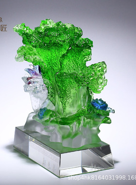 琉璃百财大白菜水晶牡丹摆件招财