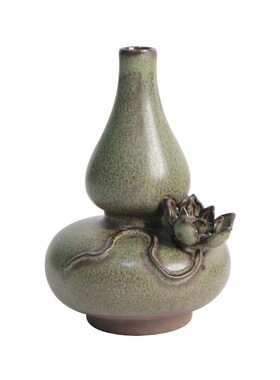 复古茶墨绿小葫芦陶瓷花插手工