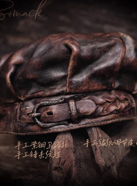 真马皮贝雷鸭舌帽男美式复古大檐大头手工咖啡棕色印第安鹰纳瓦霍