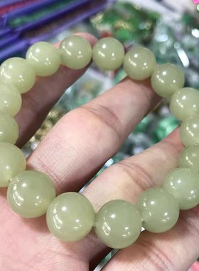 天然和田玉浅绿色老型珠手链男女转运青海料色晴水绿玉石圆珠手串