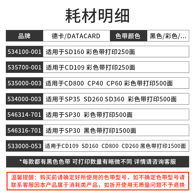 Datacard德卡证卡打印机色带SP30 SD160 260 CD800 109黑色彩色带 - 图0