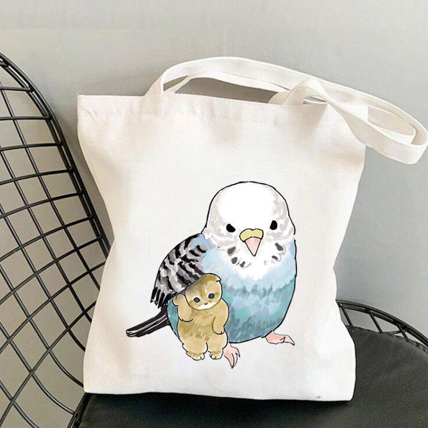 Parrot Canvas Tote bag卡通鹦鹉猫咪印花学生手提单肩帆布包袋-图1