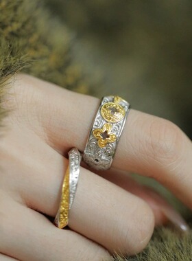 金银拼色唐草纹四叶草开口戒指