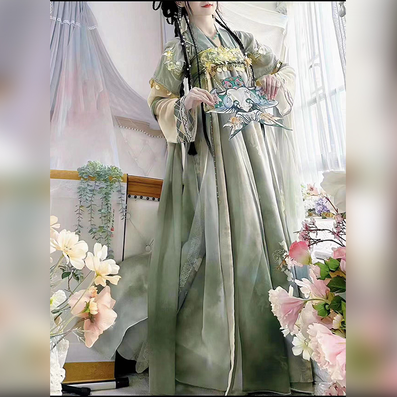 宫羽衣{春晓}原创汉服女正版唐制齐胸破裙刺绣印花日常仙气套装 - 图0