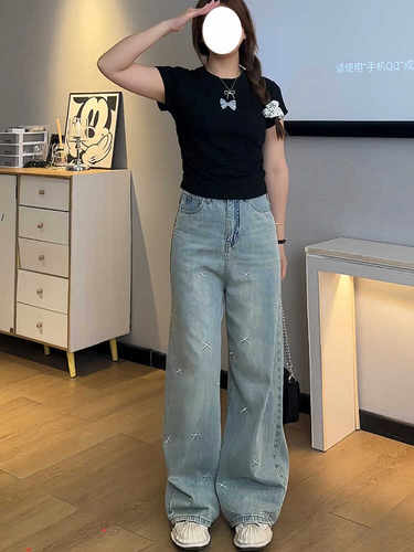 微胖穿搭高腰牛仔裤女春秋大码胖mm宽松显瘦直筒裤刺绣阔腿长裤子 - 图0