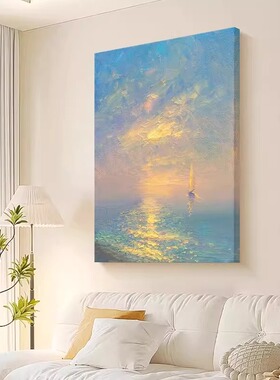 海上日出装饰画手绘肌理油画风景帆船玄关卧室客厅走廊高级感挂画