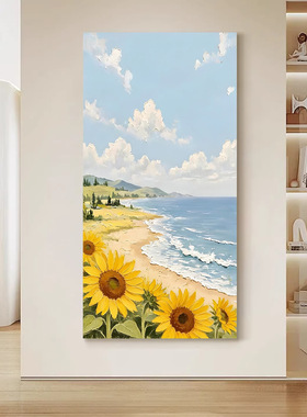 纯手绘油画《海畔花盈》现代玄关肌理装饰画走廊过道电表箱遮挡画
