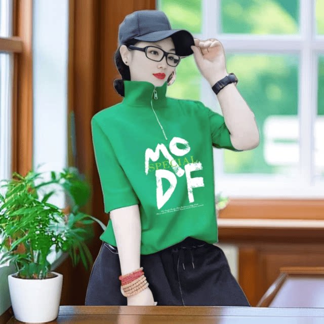 ຢືນຄໍບາງໆ pullover ຝ້າຍບໍລິສຸດຂອງແມ່ຍິງ ins ແຂນເຄິ່ງ