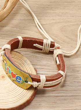 新款饰品简约手工编织烫画LOVE情侣皮革手链创意小饰品wish