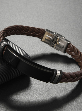 跨境新款热销饰品欧美首饰皮革编织不锈钢男士手链简约光面手镯