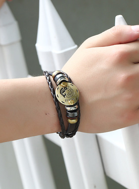 跨境星座皮手链串珠皮革手环