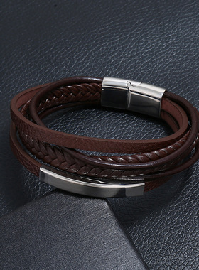 多层手环手镯牛皮不锈钢手链