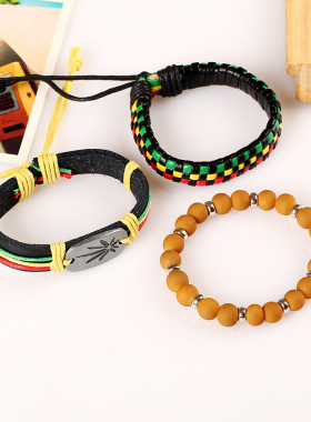 牙买加套装红黄绿编织牛皮手链