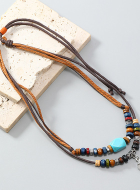 欧美跨境饰品 波西米亚风绿松石项链 复古魅力花朵吊坠多层项饰