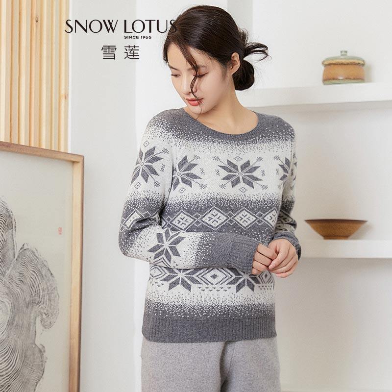 雪莲秋冬新款女圆领套头雪花圣诞款羊绒羊毛混纺针织衫毛衣_虎窝淘