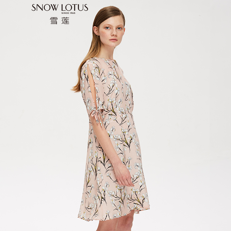 SNOW LOTUS SINCE 1965/雪莲春夏新品真桑蚕丝圆领短袖碎花连衣裙 - 图0