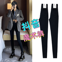 Magic black beating underpants woman pants outside wearing autumn and winter plus suede small black pants 2023 new tight pencil high waist