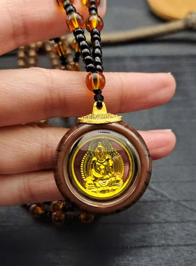 金泊观音佛吊坠男女项链 双面佛像女挂件镶金吊坠仿木框景区礼物