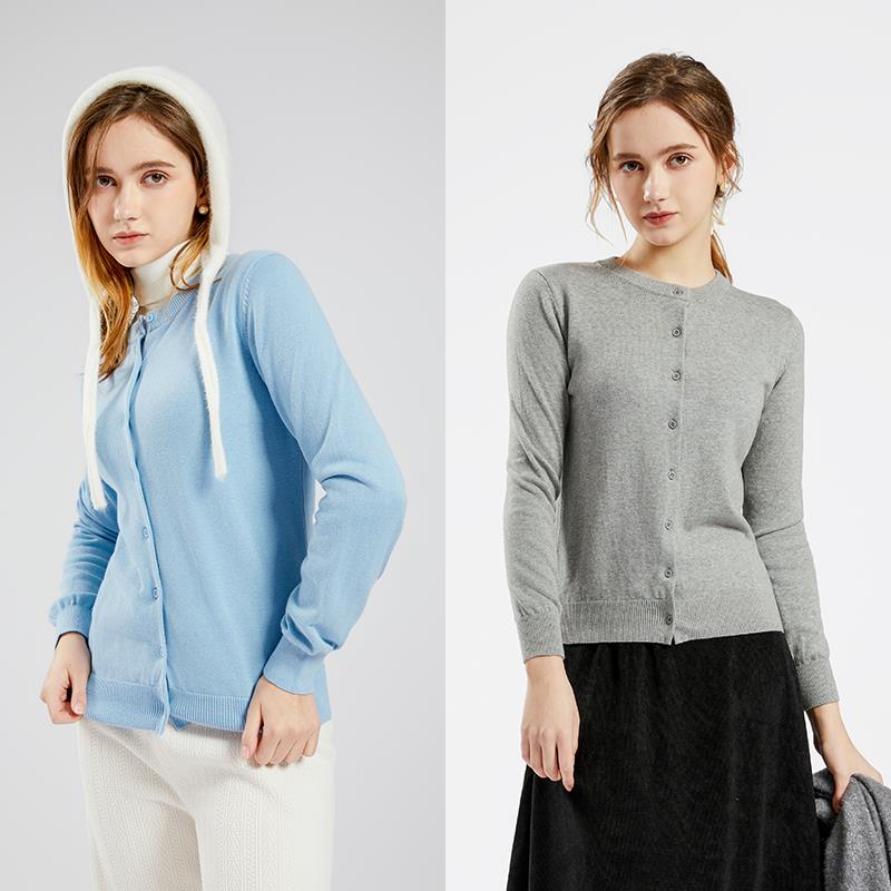 纯棉bm针织开衫女春夏长袖上衣灰色圆领全棉线薄款空调衫毛衣外套 - 图0