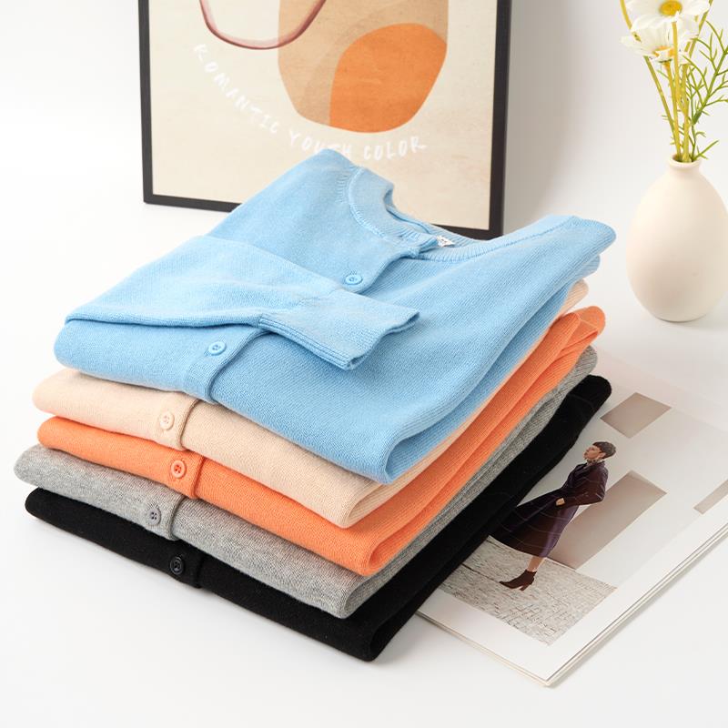 纯棉bm针织开衫女春夏长袖上衣灰色圆领全棉线薄款空调衫毛衣外套 - 图2