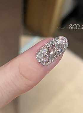 ScoLin【粉嫩水晶】橡皮粉施华洛锆石堆钻手工定制美甲短圆穿戴甲