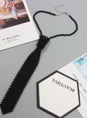 DIY串珠项链围巾领结 复古白色珍珠镂空领带搭配衬衫假领子