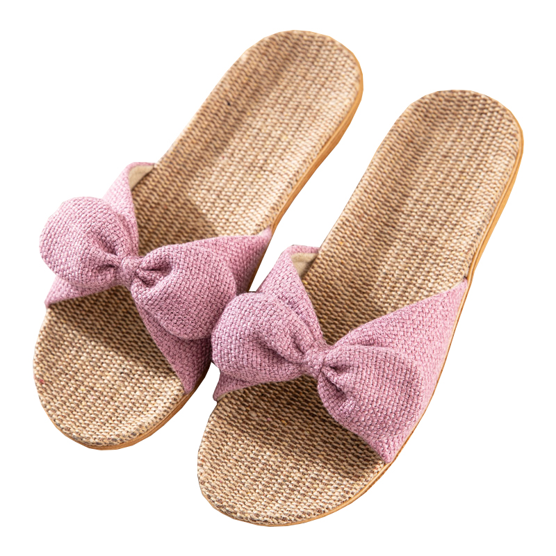 日式蝴蝶结居家亚麻拖鞋女款2024新款夏季室内家居棉麻编织凉拖鞋