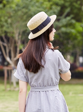 法式麦秆草平顶防晒草帽女士