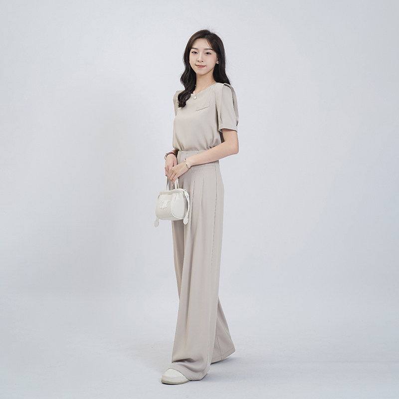 休闲套装女夏季新款职业通勤设计感短袖雪纺衫时尚阔腿裤两件套,淘宝优惠券,粉丝福利购,淘宝优惠卷