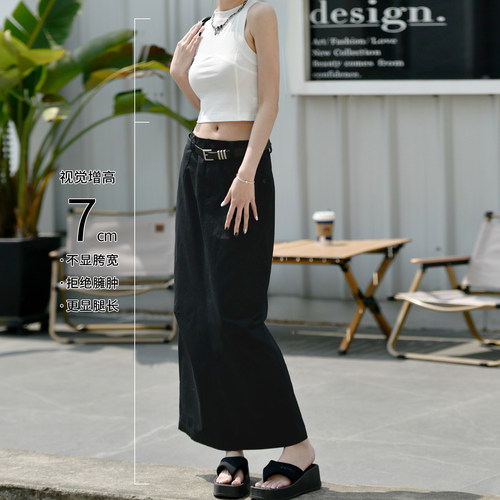 卡其色挺阔半身裙女春秋百搭美式高街包臀工装裙开叉高腰直筒长裙 - 图1