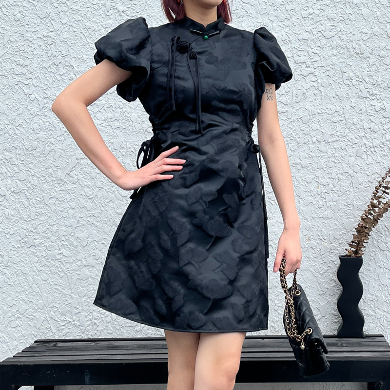新中式夏女国风提花盘扣连衣裙泡泡袖露腰设计感气质改良小黑裙子 - 图2