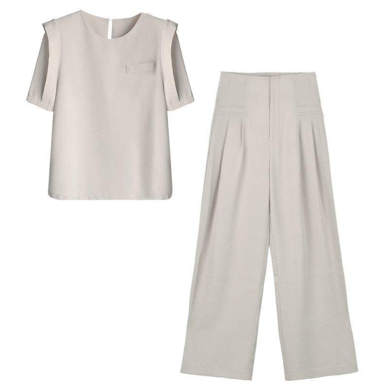 休闲套装女夏季新款职业通勤设计感短袖雪纺衫时尚阔腿裤两件套,淘宝优惠券,粉丝福利购,淘宝优惠卷