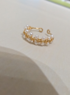 天然珍珠蕾丝边手工绕线14k包金线开口戒指