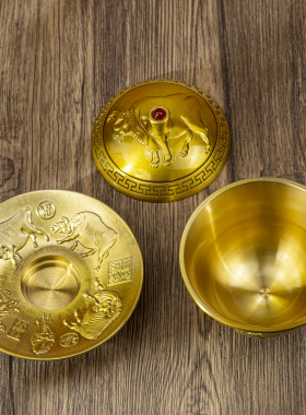 小铜记五牛茶盖碗三件套