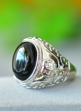 金镶玉铜镶嵌和田玉青玉蛋面时尚戒指玉石指环