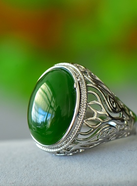 古法银镶嵌和田玉碧玉时尚戒指霸气男款指环金镶玉