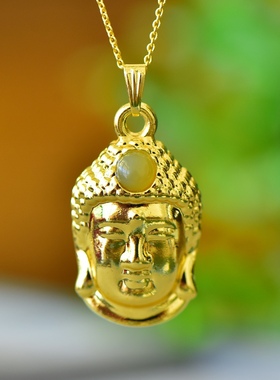 拍卖捡漏古法鎏金天然和田玉青玉佛头吊坠项链挂件男女款锁骨链