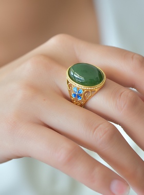 和田玉碧玉戒指女俄料菠菜绿奢华大气高级感食指戒开口不掉色