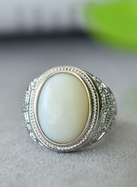 和田玉白玉戒指男款豪华大戒面活口指环霸气时尚指环